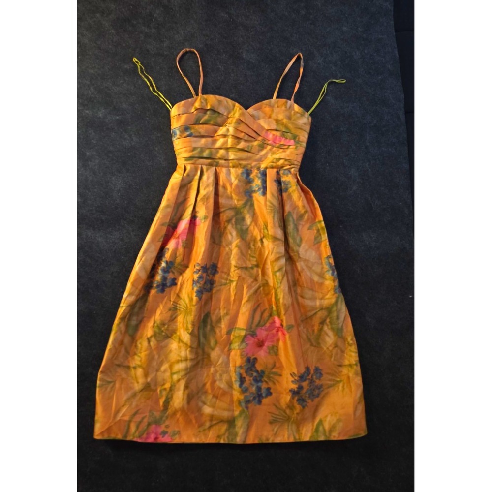 James Coviello Floral Satin Pleated Spaghetti Strap Zip Dress Size 0 Knee
